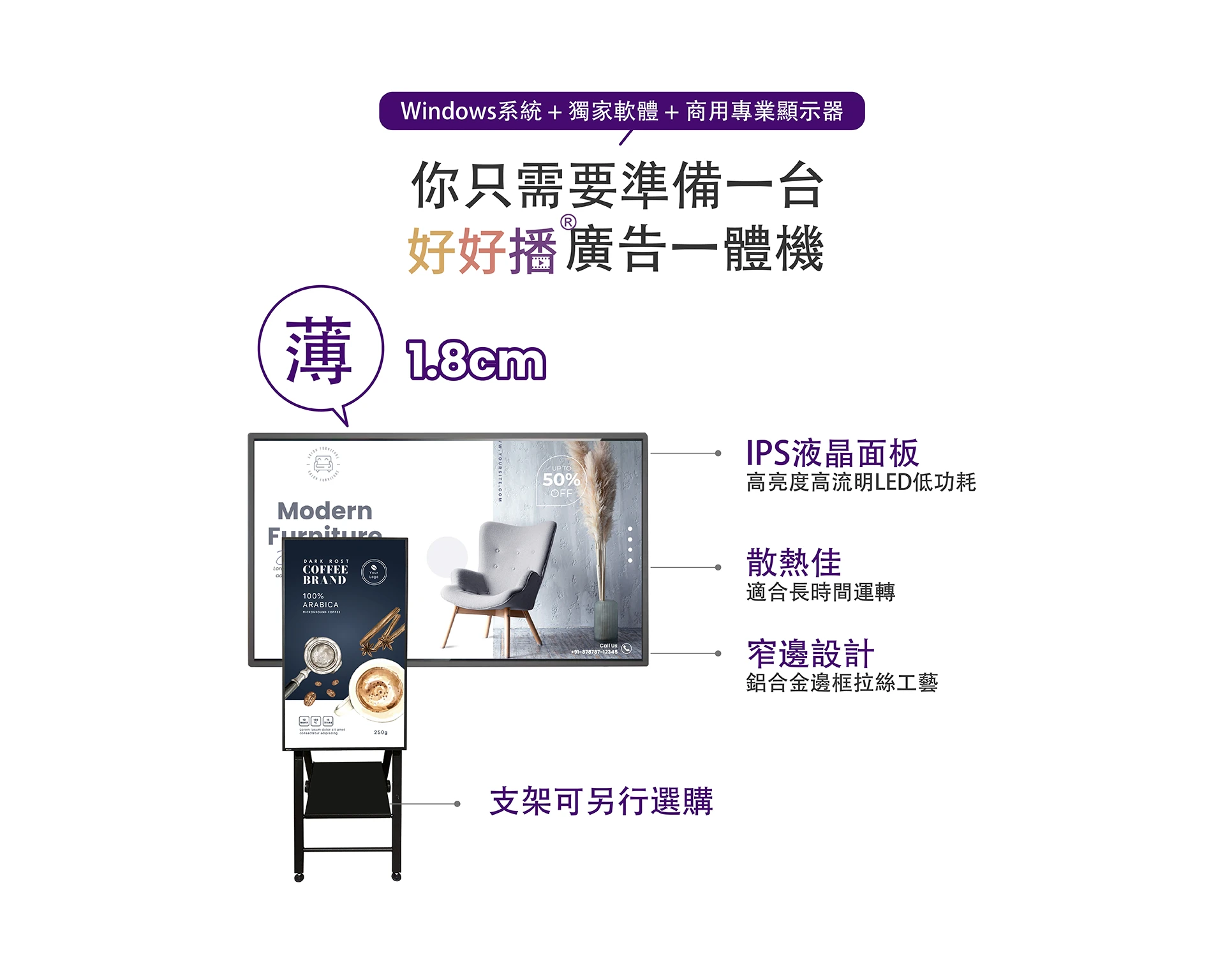 Windows系統+獨家軟體+商用專業顯示器
