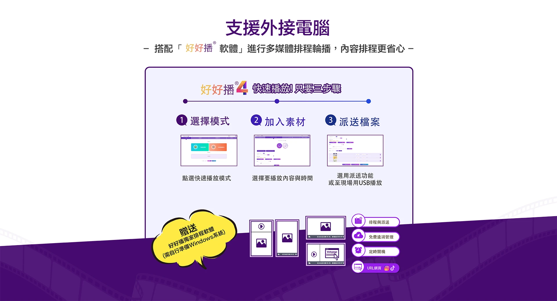 支援外接電腦，搭配「好好播」軟體，進行多媒體排程輪播，內容排程更省心