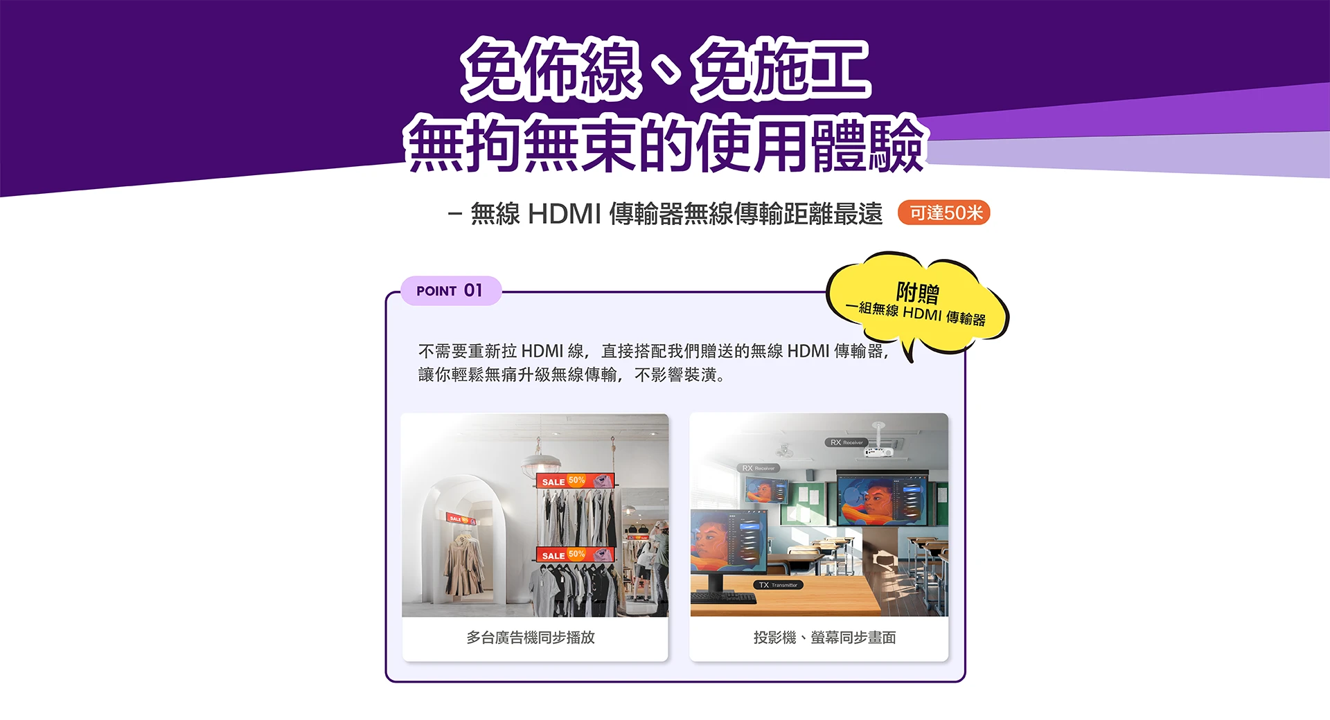 免佈線免施工，無線HDMI傳輸器，傳輸距離可達50m
