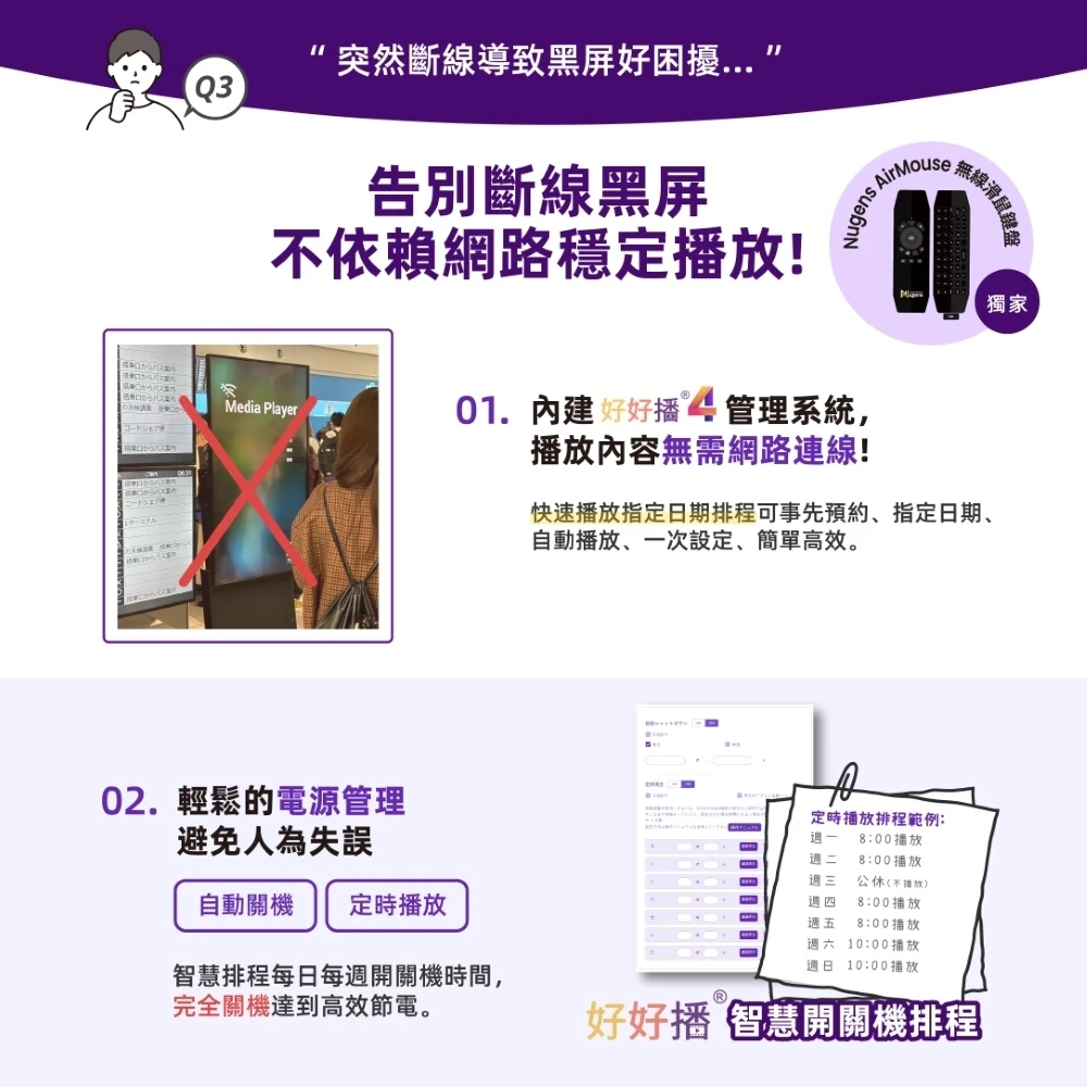 告別斷線黑屏，不依賴網路穩定播放；內建好好播4管理系統，智慧開關機排程輕鬆管理電源
