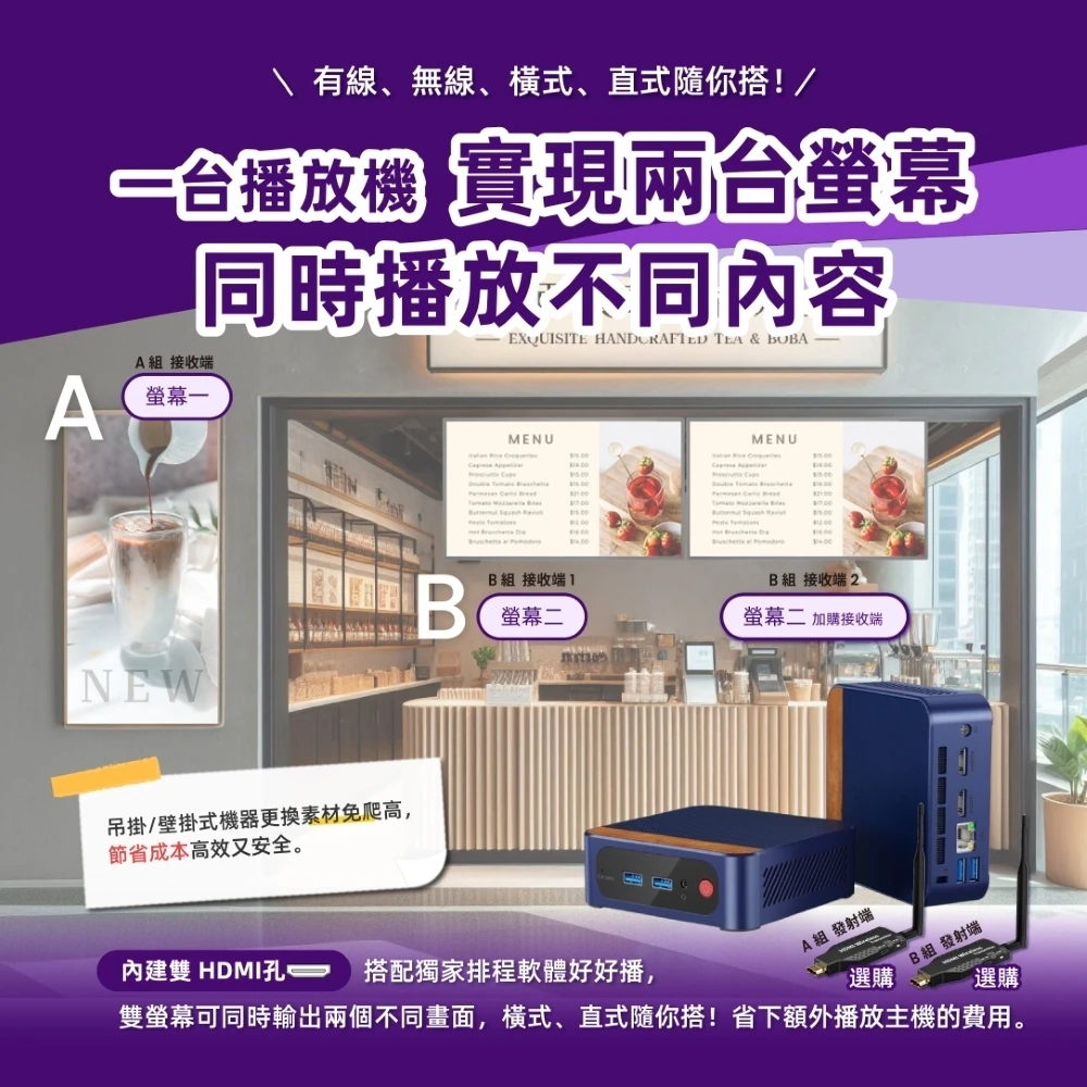 一台播放機實現兩台螢幕同時播放不同內容，內建雙HDMI孔，橫式直式隨你搭