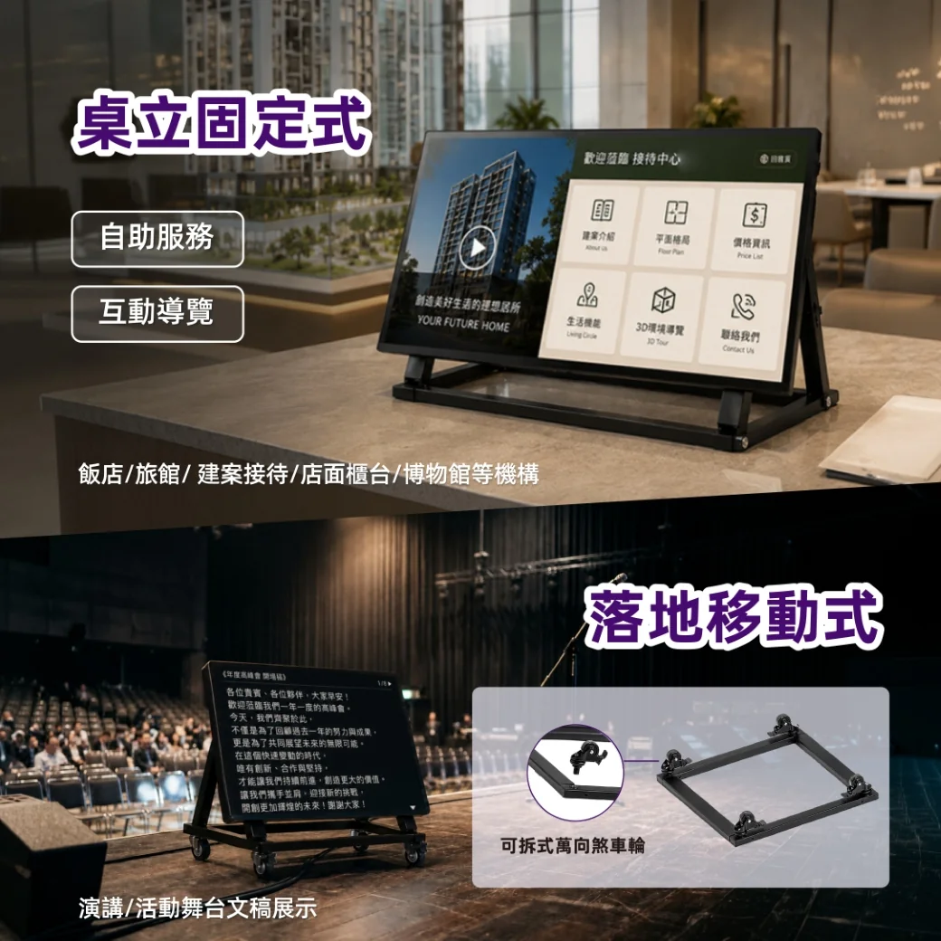 桌立固定式適用飯店旅館、建案接待、店面櫃台、博物館的自助服務與互動導覽；落地移動式適用演講與活動舞台文稿展示，附可拆式萬向煞車輪